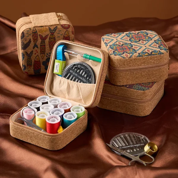 Vintage Soft Wood Print Portable Travel Mini Sewing Box Storage Kit