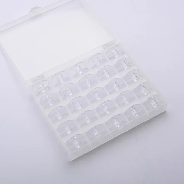 Set di bobine metalliche universali multi-calibro per macchina da cucire domestica, 36 pezzi, scatola per bobine, 25 bobine trasparenti colorate