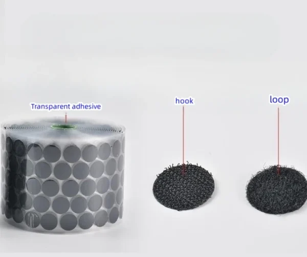 Umweltfreundliche, selbstklebende, weiße Nylon-Münzen mit weicher Klettfläche und Punkten zur Aufbewahrung, doppelseitig