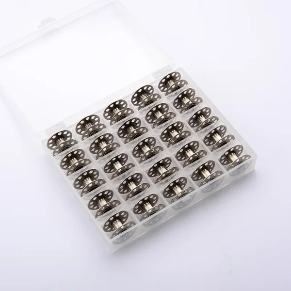 Set di bobine metalliche universali multi-calibro per macchina da cucire domestica, 36 pezzi, scatola per bobine, 25 bobine trasparenti colorate